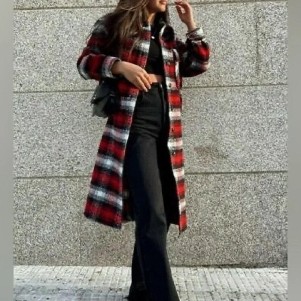 ZARA WOMAN WOOL BLEND CHECK PLAID LONG OVERSHIRT JACKET COAT RED Size Small